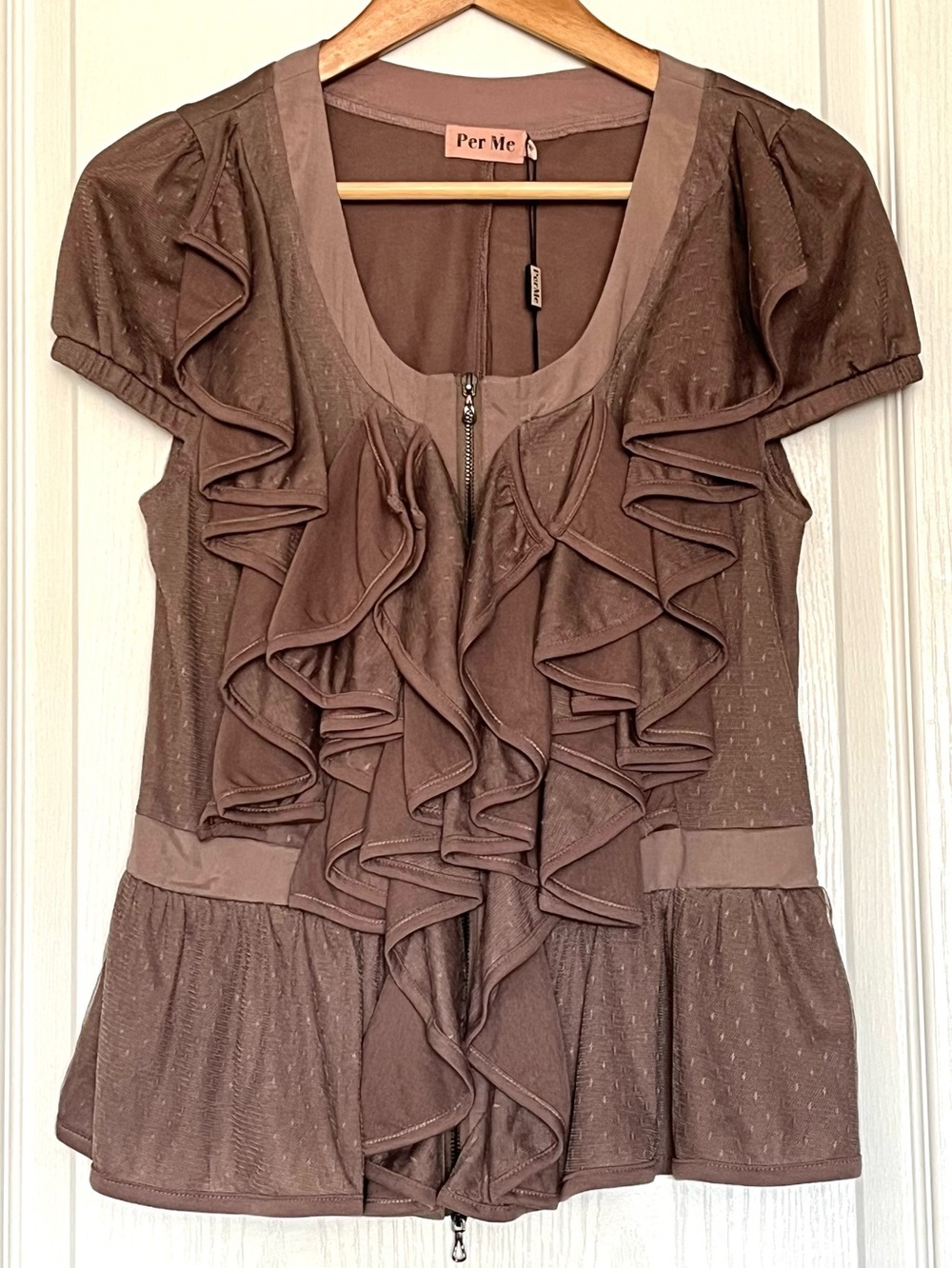 NWT Per Me Brown Cascading Ruffle Zip Front Blouse Size HK 42 Coquette Fairycore